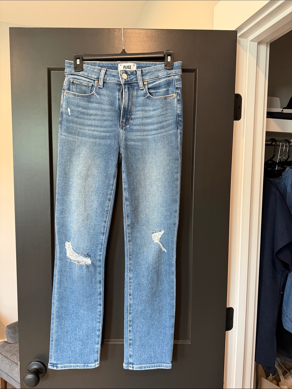 PAIGE Straight Leg Jeans in Medium Blue with Distressed Knees